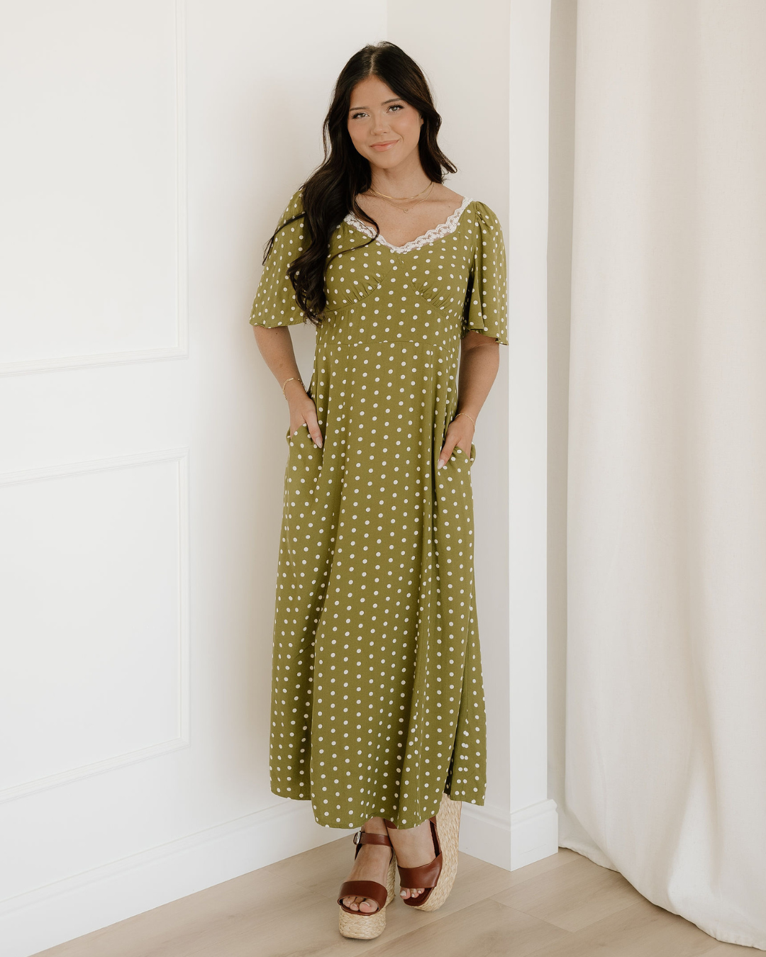 Maleah Polka Dot Smocked Lacy Maxi Dress