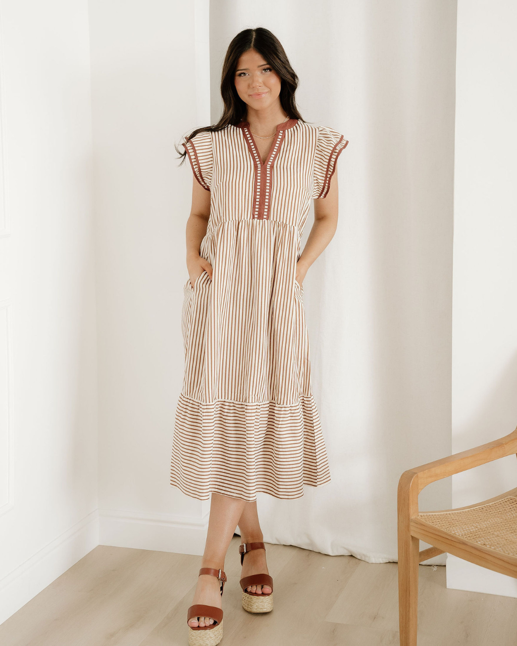Nyla Ruffled Contrast Trim Midi Dress
