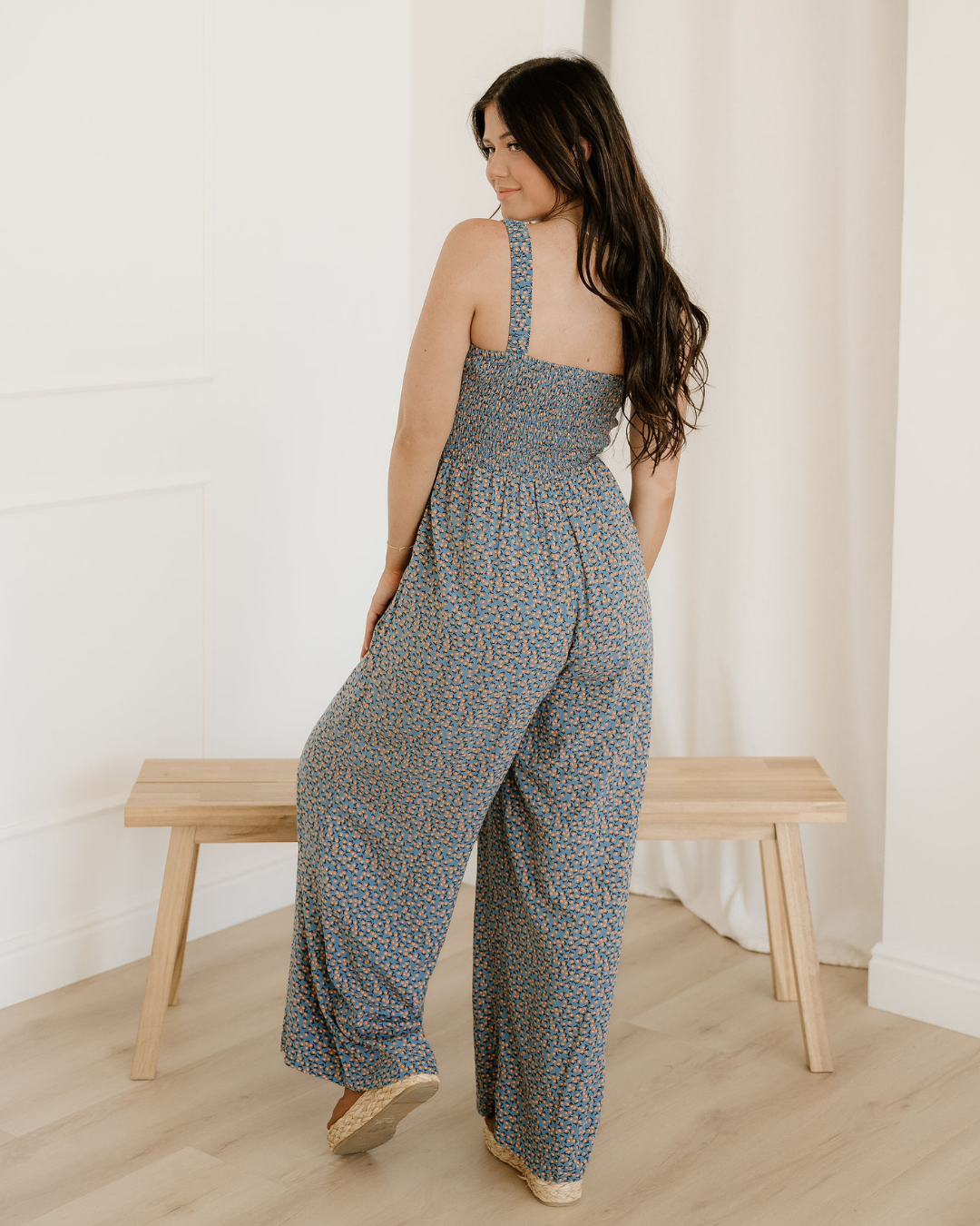Angelica Square Neck Blue Floral High-Waist Jumpsuit