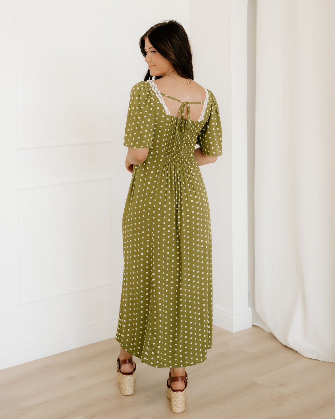Maleah Polka Dot Smocked Lacy Maxi Dress