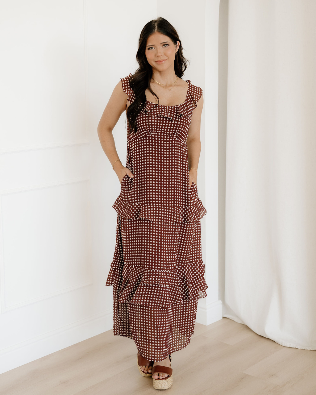 Irene Coffee Polka Dot Print Backless Ruffled Tiered Maxi Dress Indie & Co.
