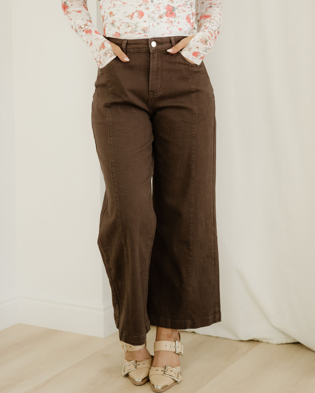 Elsie Solid Color Seamed Center Wide Leg Cropped Jeans - Red Sandalwood Indie & Co.