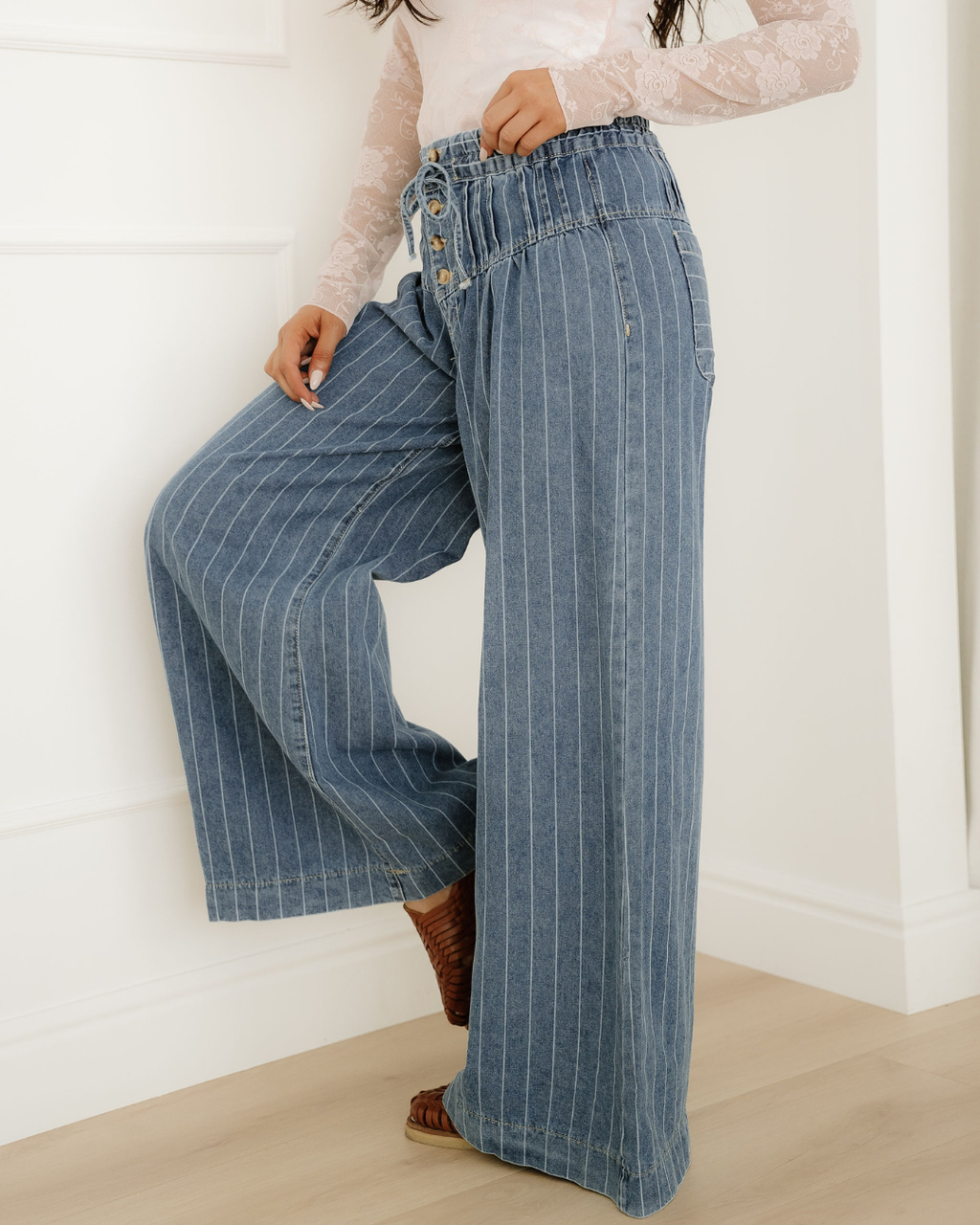 Cora Stripe Button Pleated Drawstring Waist Casual Wide Leg Jeans Indie & Co.