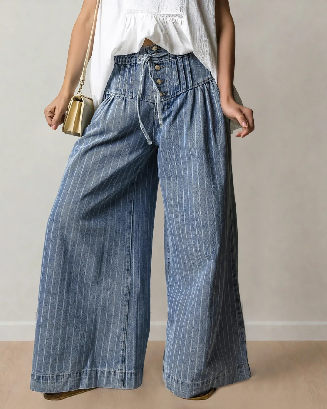 Cora Stripe Button Pleated Drawstring Waist Casual Wide Leg Jeans Indie & Co.