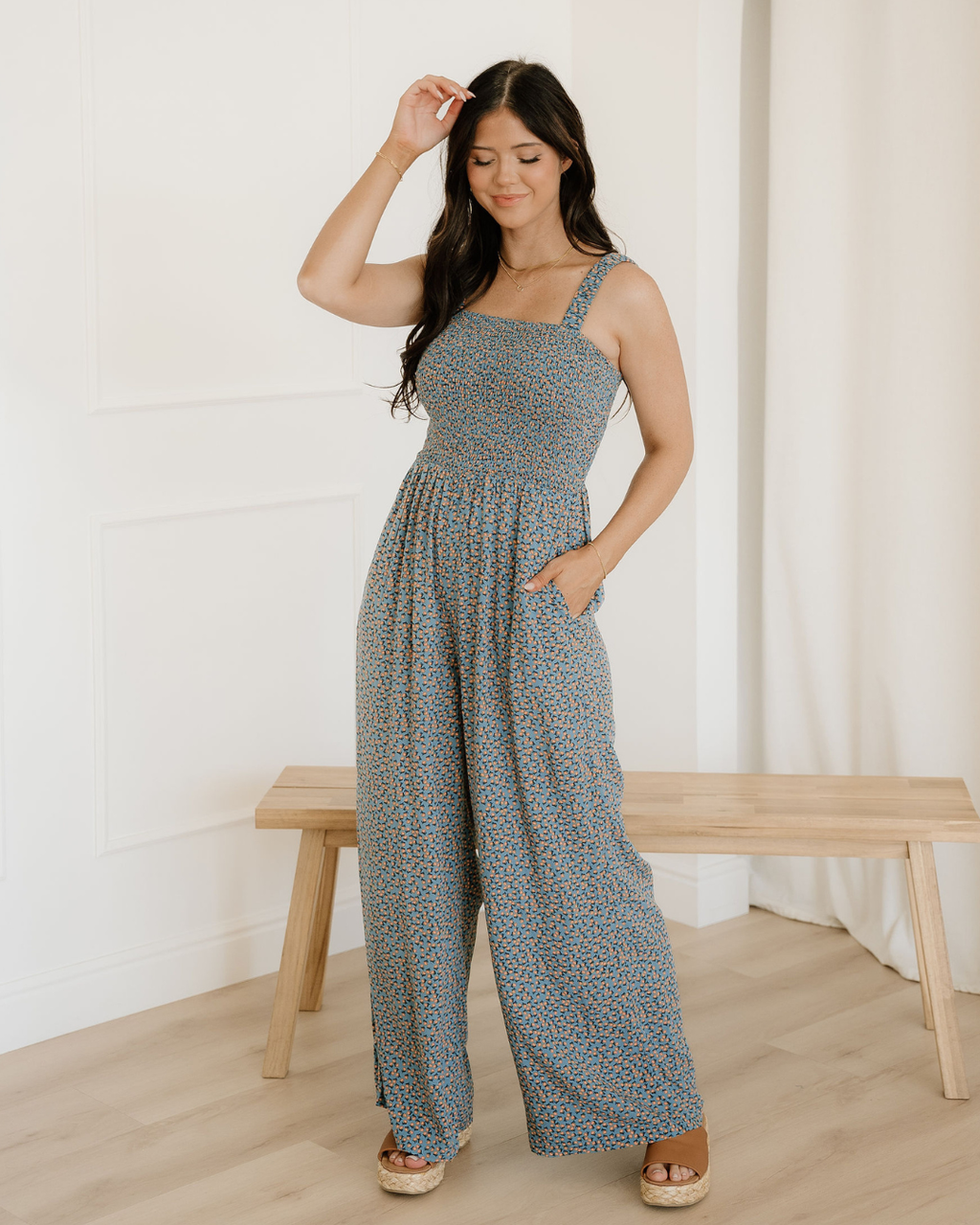 Angelica Square Neck Blue Floral High-Waist Jumpsuit