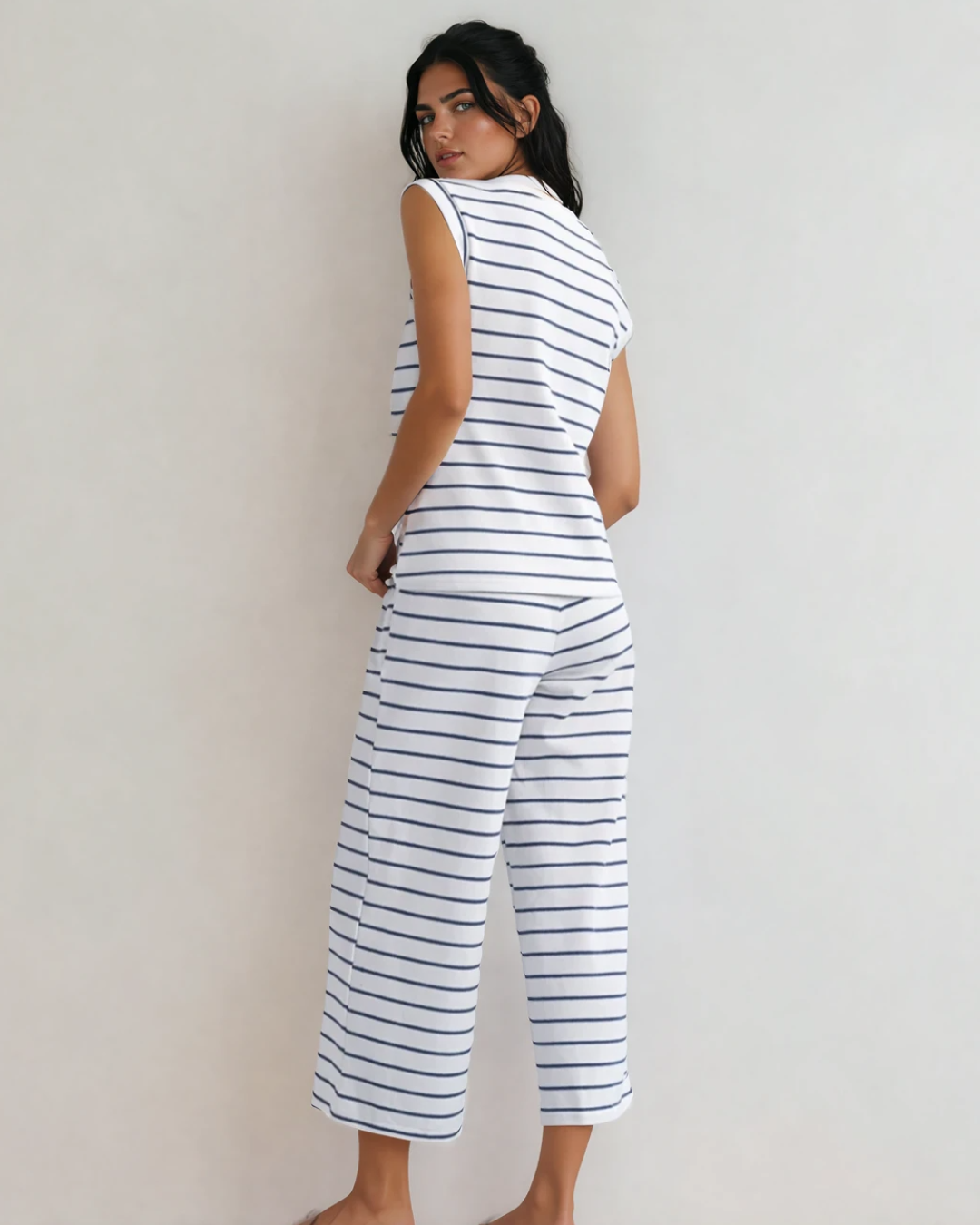 Clementine Blue Striped Knit Tee and Wide Leg Loungewear Set