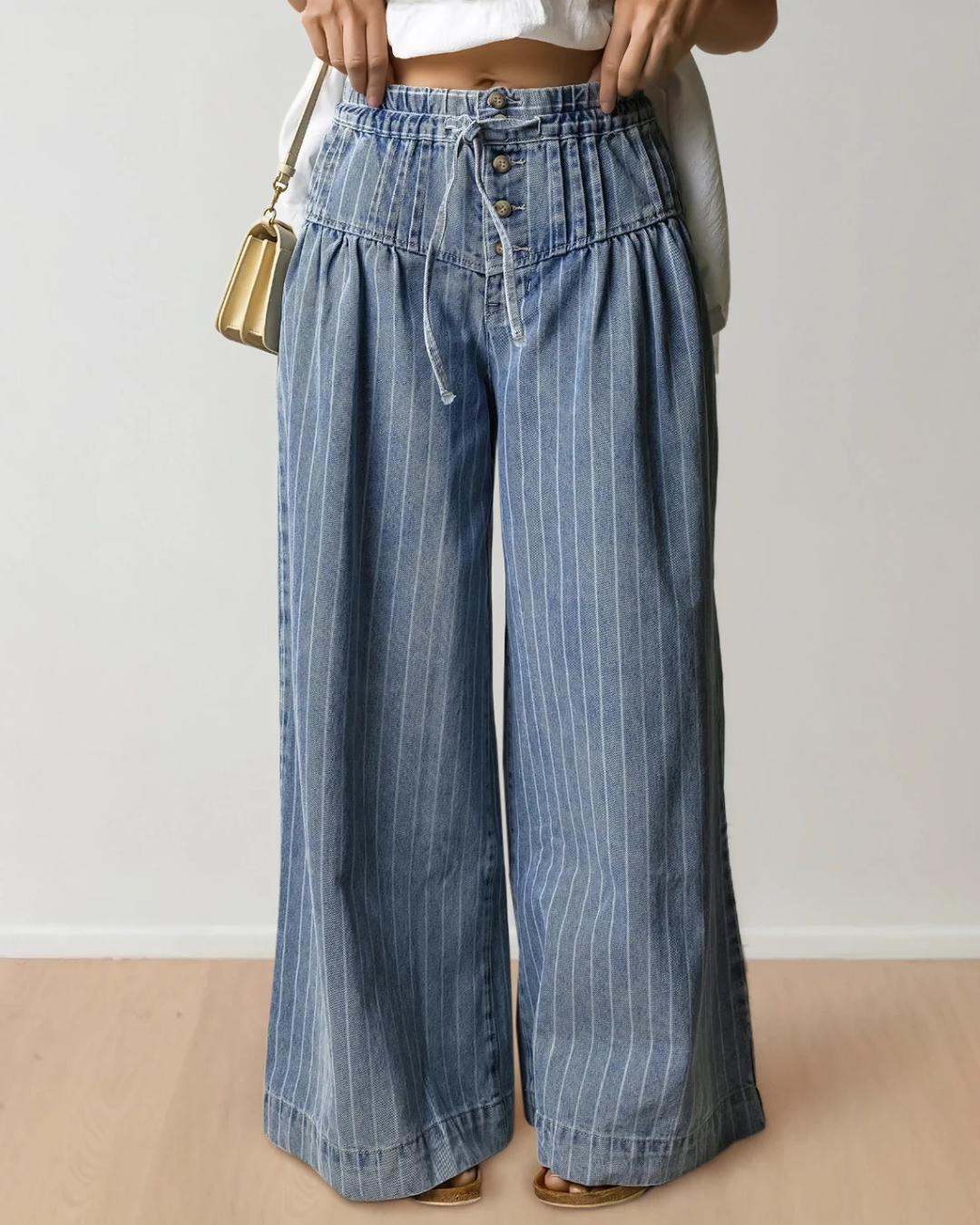 Cora Stripe Button Pleated Drawstring Waist Casual Wide Leg Jeans Indie & Co.