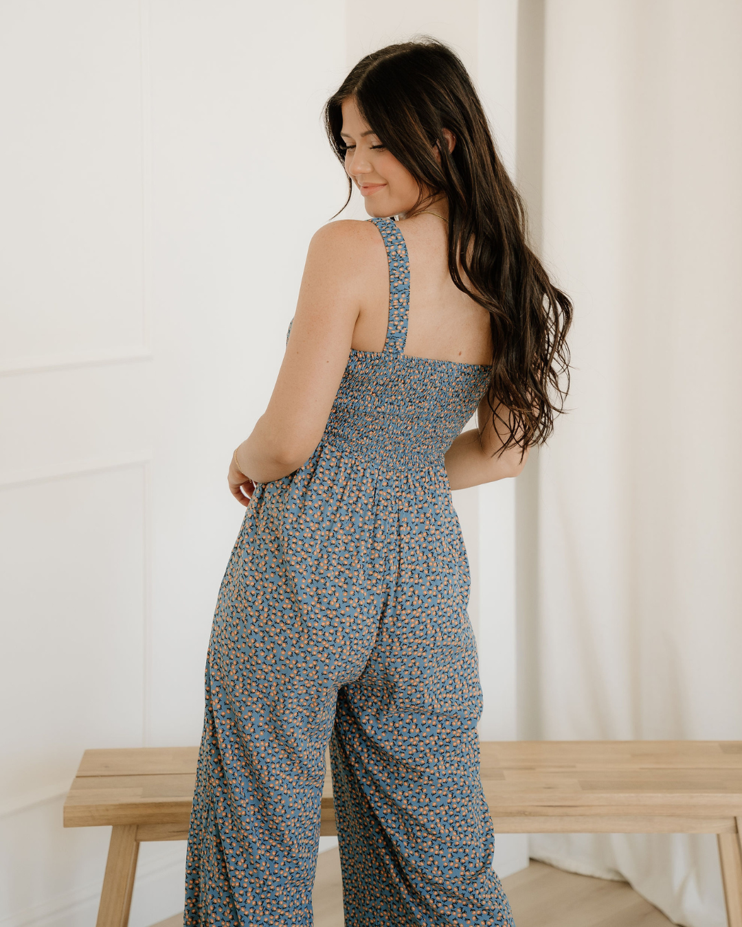 Angelica Square Neck Blue Floral High-Waist Jumpsuit