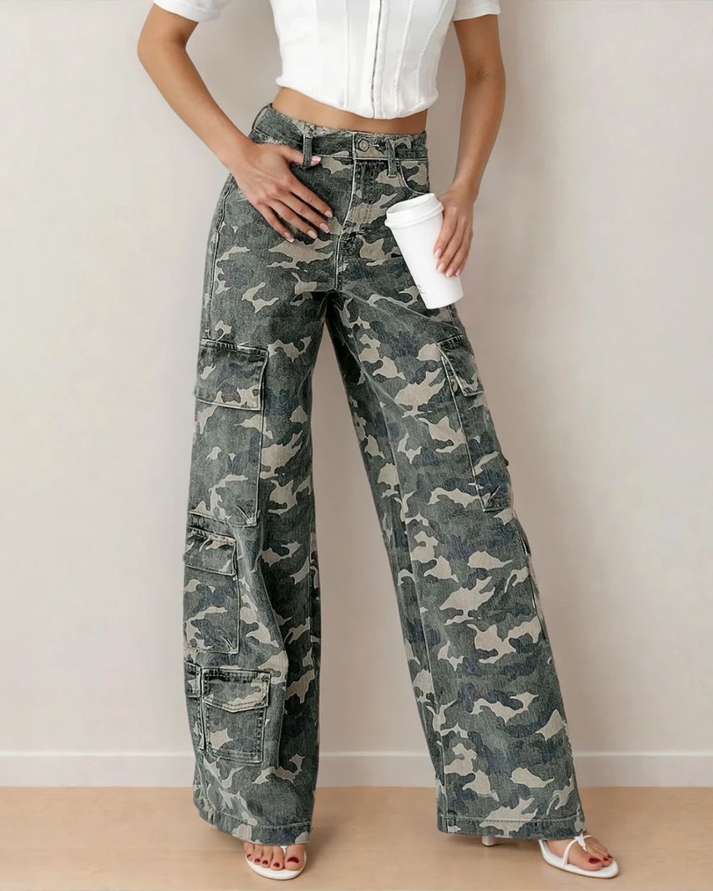 Peyton Camo Wide-Leg Multi-Pocket Cargo Jeans Indie & Co.