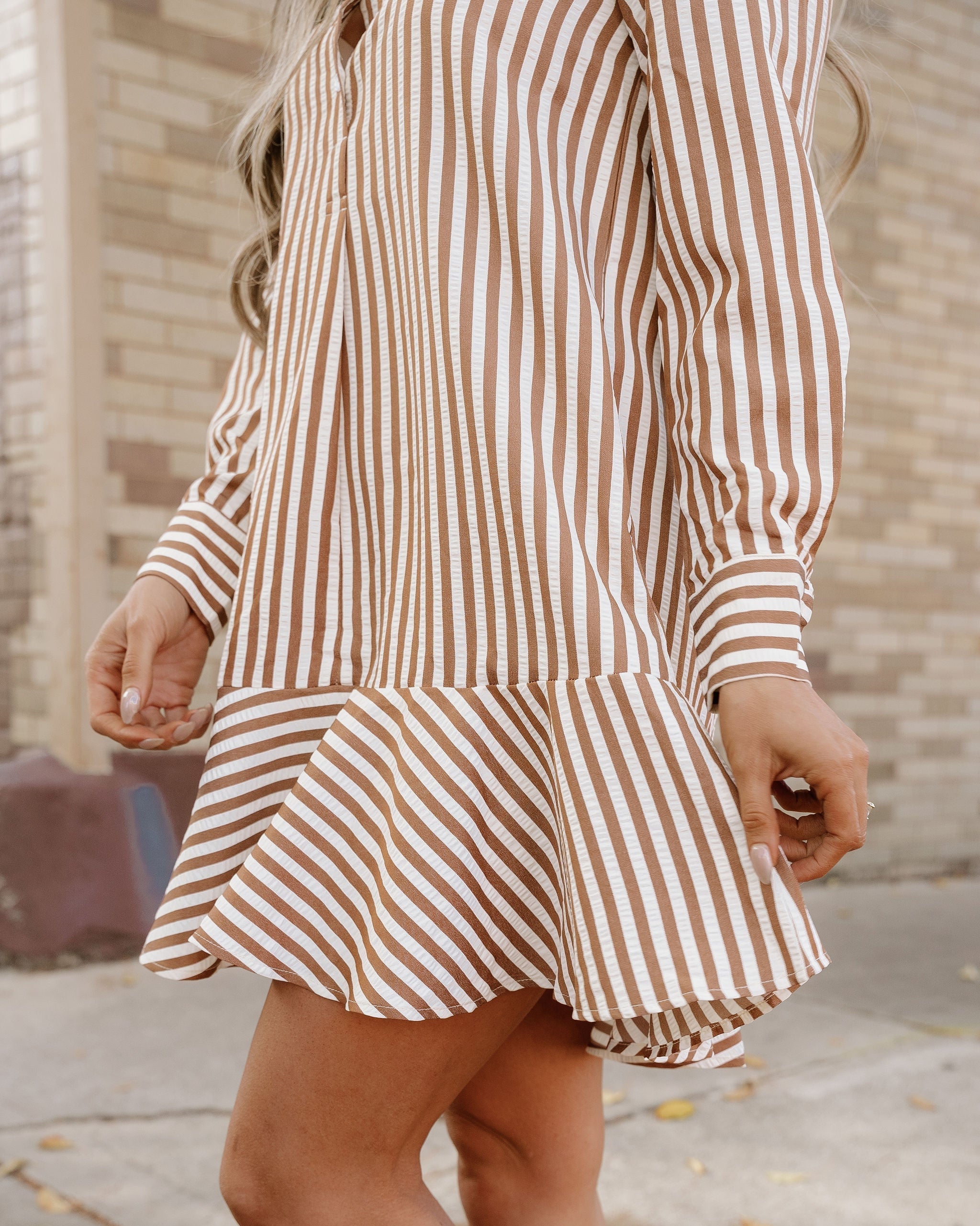 Dallas Brown Striped Collared Dress with Pockets