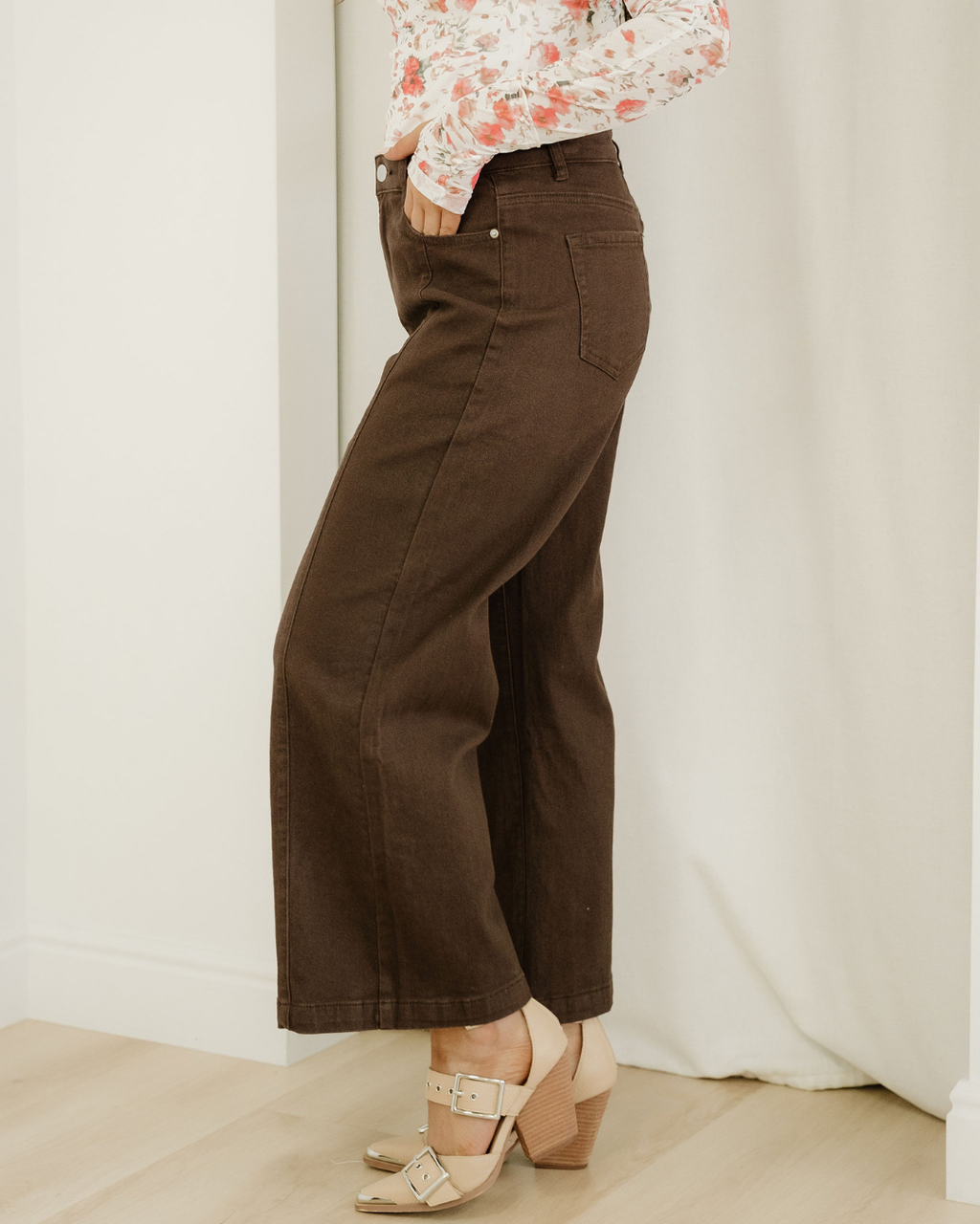 Elsie Solid Color Seamed Center Wide Leg Cropped Jeans - Red Sandalwood Indie & Co.