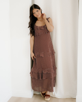 Irene Coffee Polka Dot Print Backless Ruffled Tiered Maxi Dress Indie & Co.