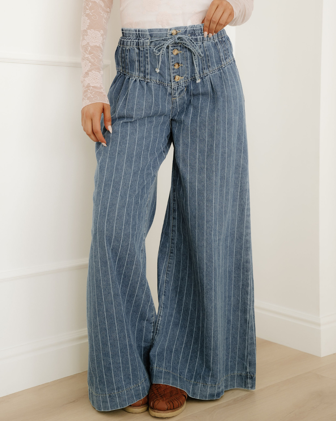 Cora Stripe Button Pleated Drawstring Waist Casual Wide Leg Jeans Indie & Co.