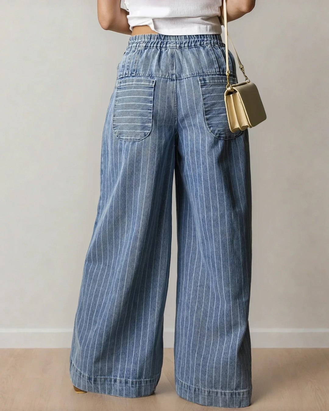 Cora Stripe Button Pleated Drawstring Waist Casual Wide Leg Jeans Indie & Co.