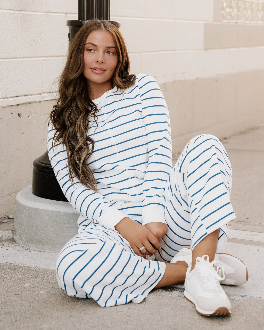 Women's sail blue and white striped loungewear set featuring wide-leg pants with a drawstring waist and pockets.
