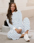 Women's sail blue and white striped loungewear set featuring wide-leg pants with a drawstring waist and pockets.