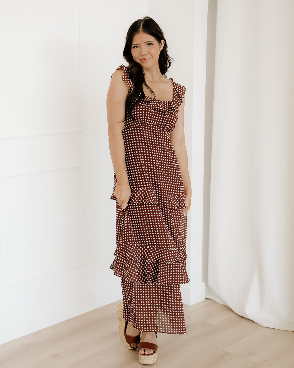 Irene Coffee Polka Dot Print Backless Ruffled Tiered Maxi Dress Indie & Co.