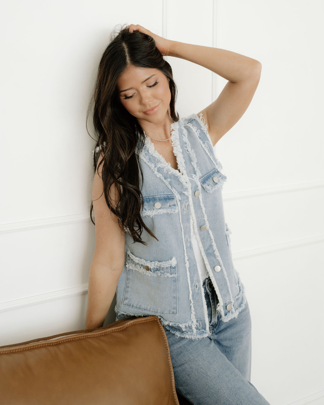 Neriah Frayed Edge Flap Pockets Denim Vest Jacket Indie & Co.