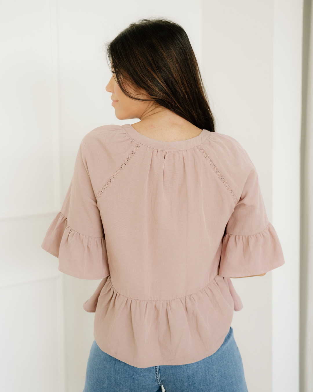 Mae Slit V Neck Ruffled Loose Blouse Indie & Co.