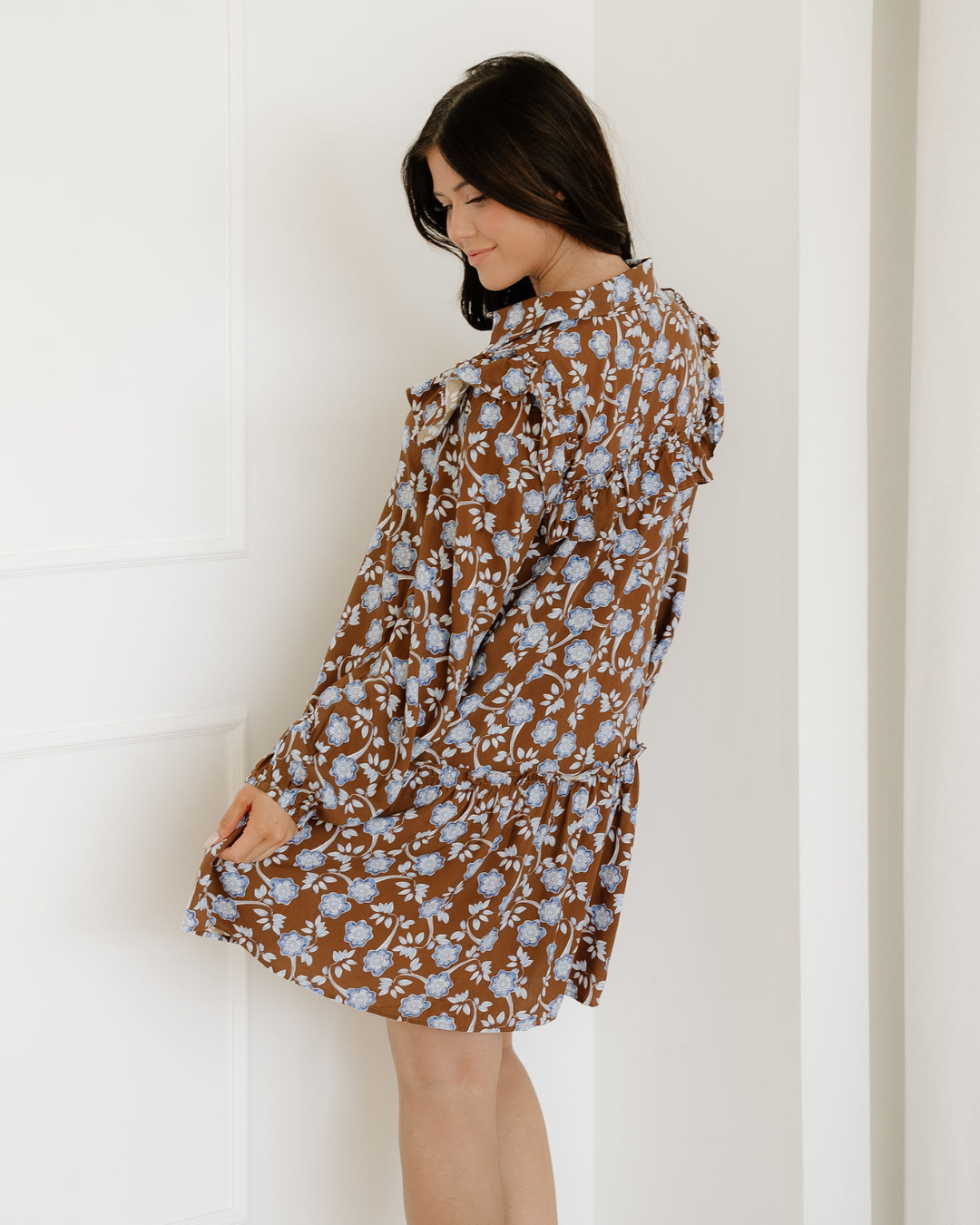 Luella Floral Print Ruffled Detail Shirt Collar Button Down Long Sleeve Dress Indie & Co.