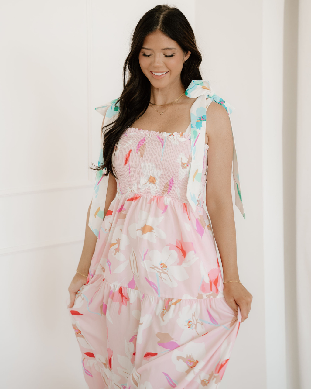 Solana Knotted Shoulder Smocked Maxi Dress