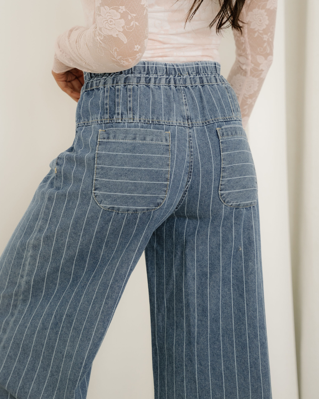 Cora Stripe Button Pleated Drawstring Waist Casual Wide Leg Jeans Indie & Co.