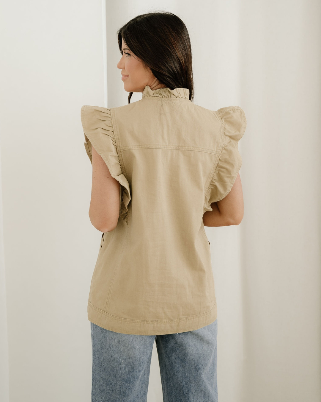 Margot Retro Ruffle Denim Jacket Vest – Pale Khaki Indie & Co.