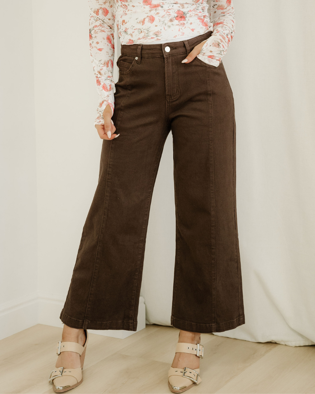 Elsie Solid Color Seamed Center Wide Leg Cropped Jeans - Red Sandalwood Indie & Co.