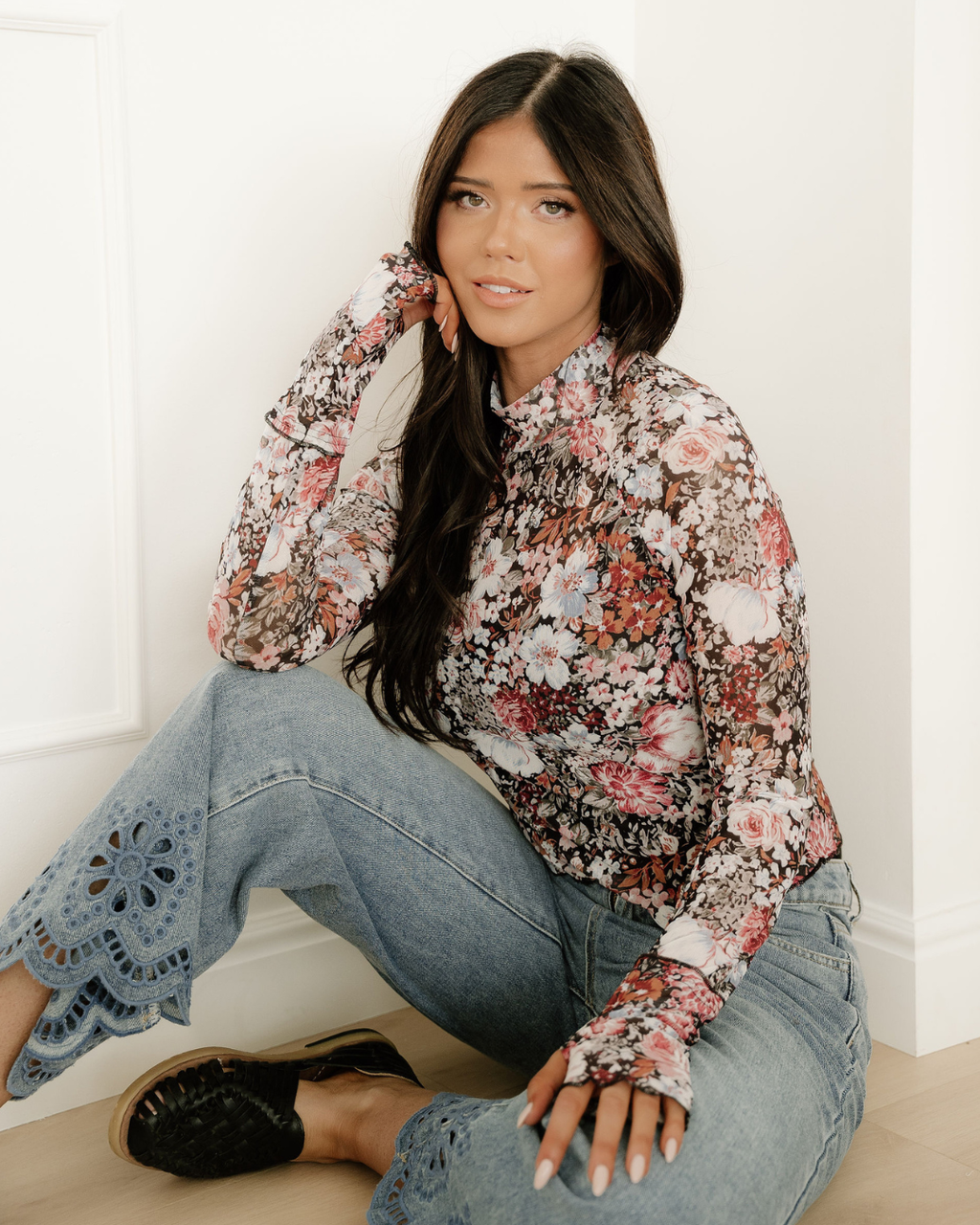 Raelynn Floral Print Mesh Mock Neck Slim Blouse - Brown Indie & Co.