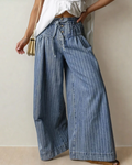 Cora Stripe Button Pleated Drawstring Waist Casual Wide Leg Jeans Indie & Co.