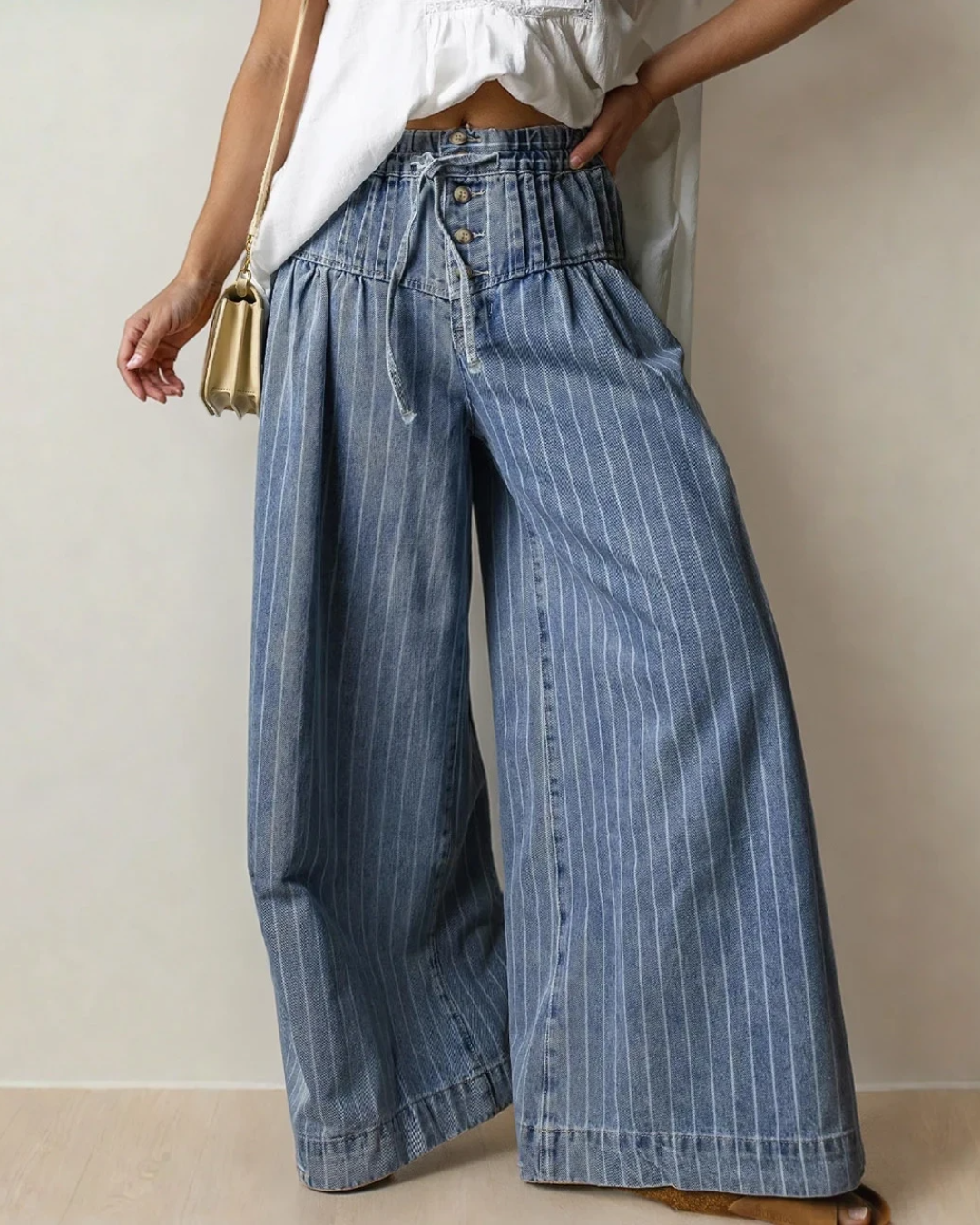 Cora Stripe Button Pleated Drawstring Waist Casual Wide Leg Jeans Indie & Co.