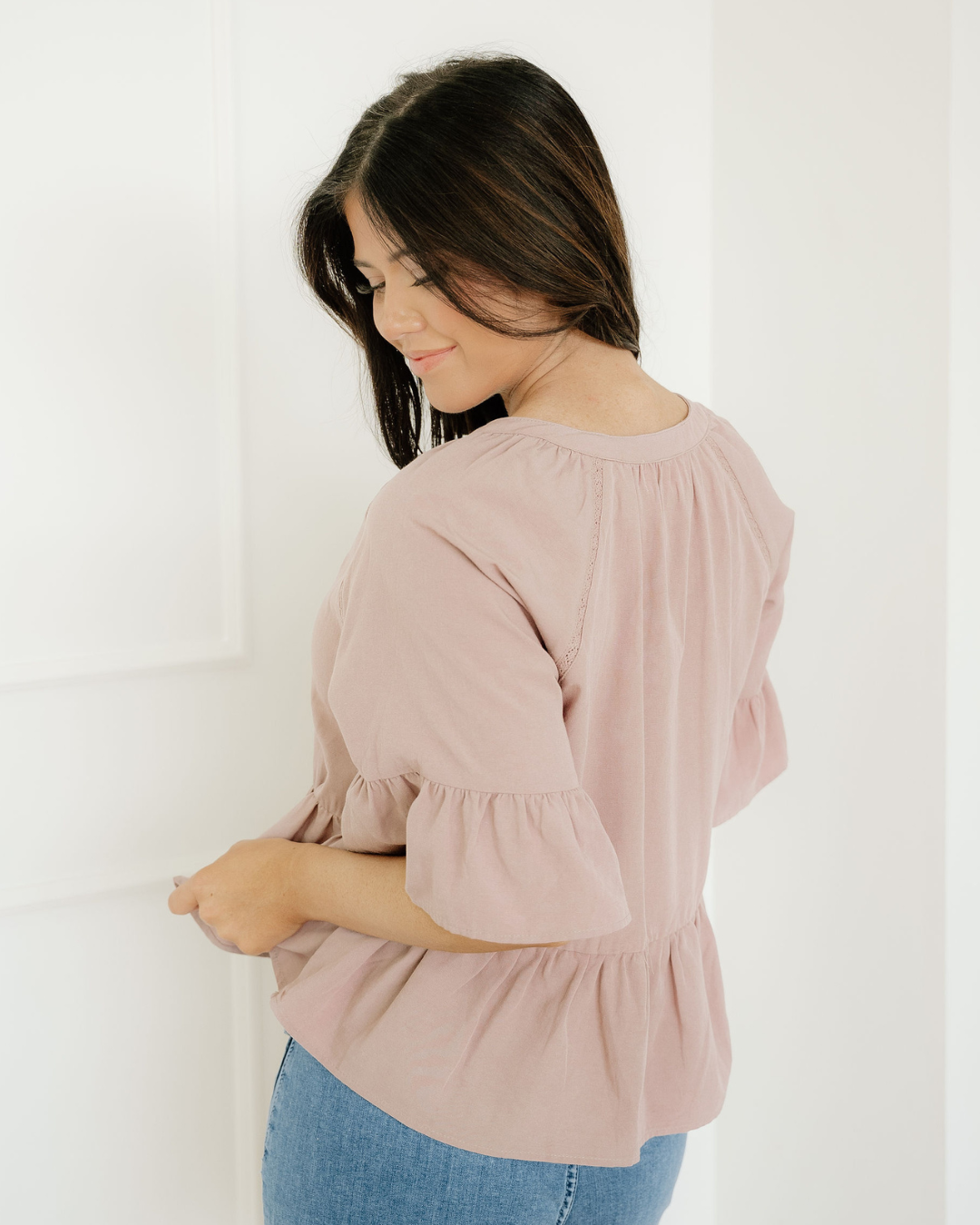 Mae Slit V Neck Ruffled Loose Blouse Indie & Co.