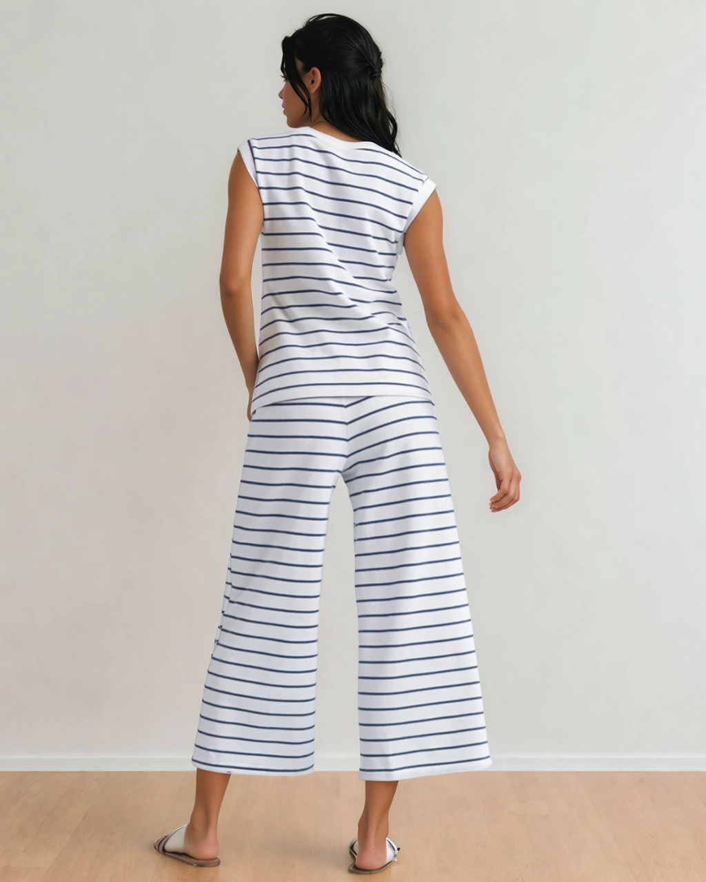 Clementine Blue Striped Knit Tee and Wide Leg Loungewear Set