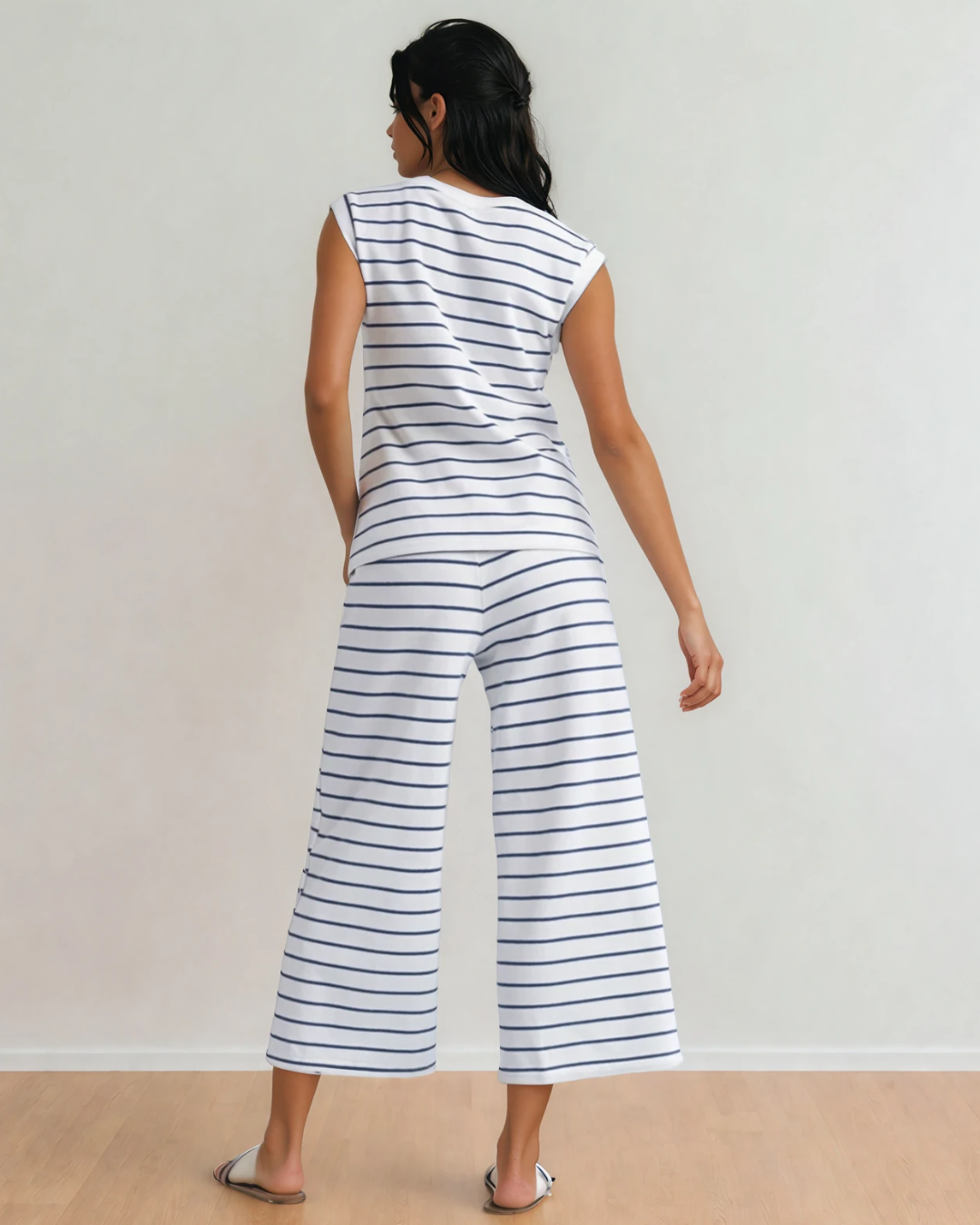 Clementine Blue Striped Knit Tee and Wide Leg Loungewear Set