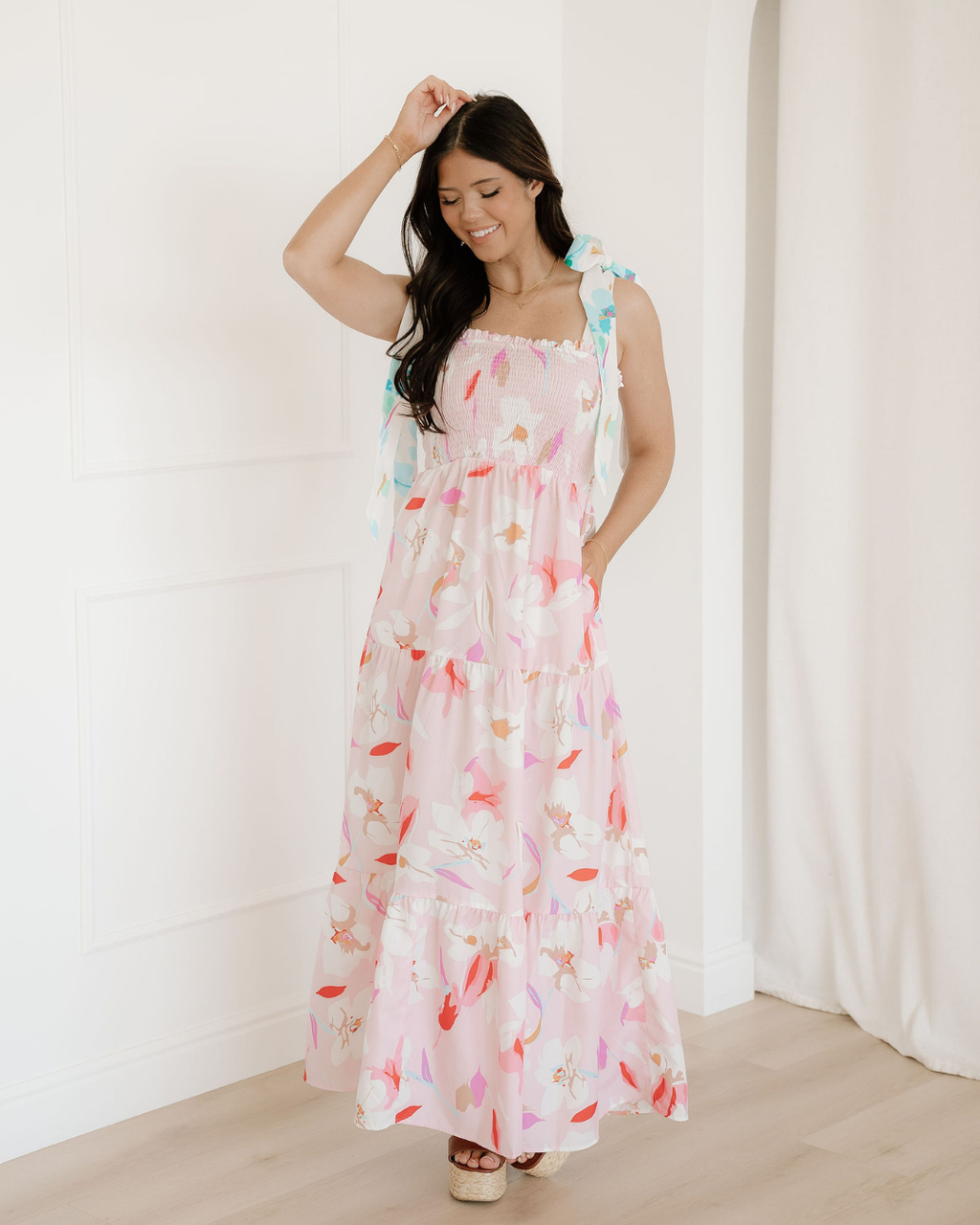 Solana Knotted Shoulder Smocked Maxi Dress