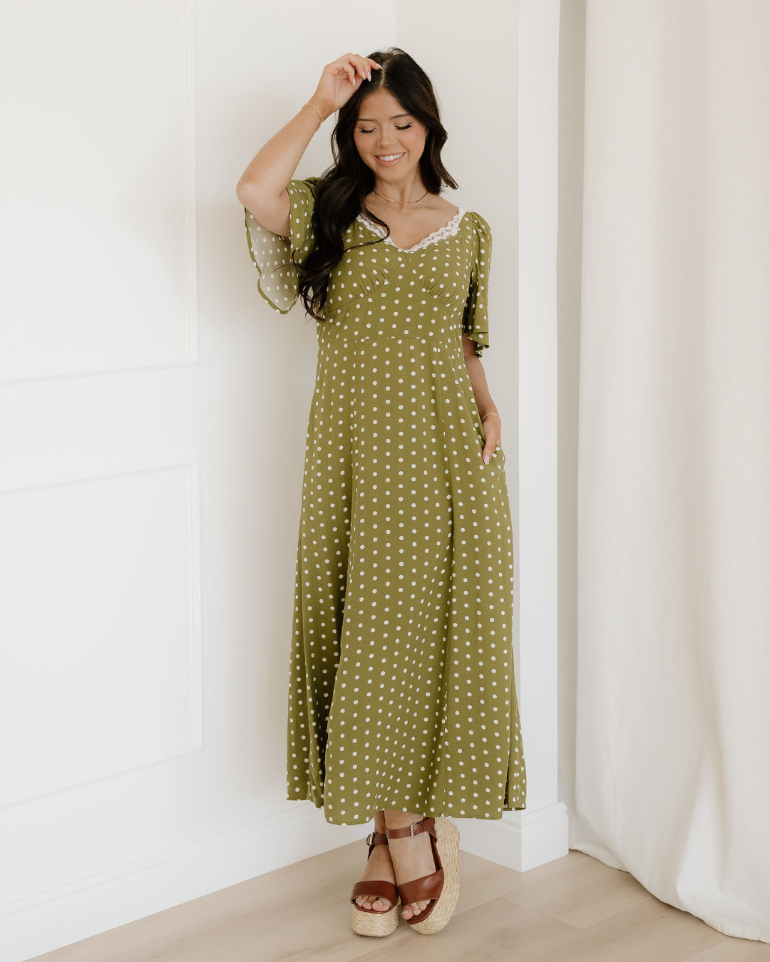Maleah Polka Dot Smocked Lacy Maxi Dress