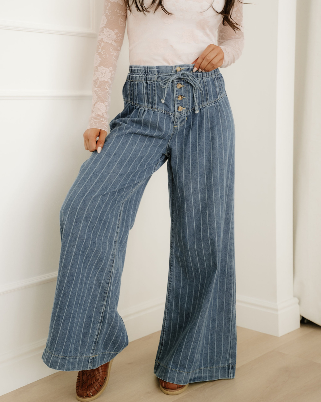 Cora Stripe Button Pleated Drawstring Waist Casual Wide Leg Jeans Indie & Co.