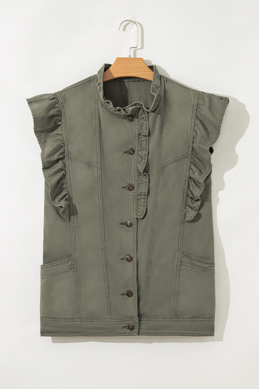 Margot Ruffle Plain Denim Jacket Vest - Green Indie & Co.