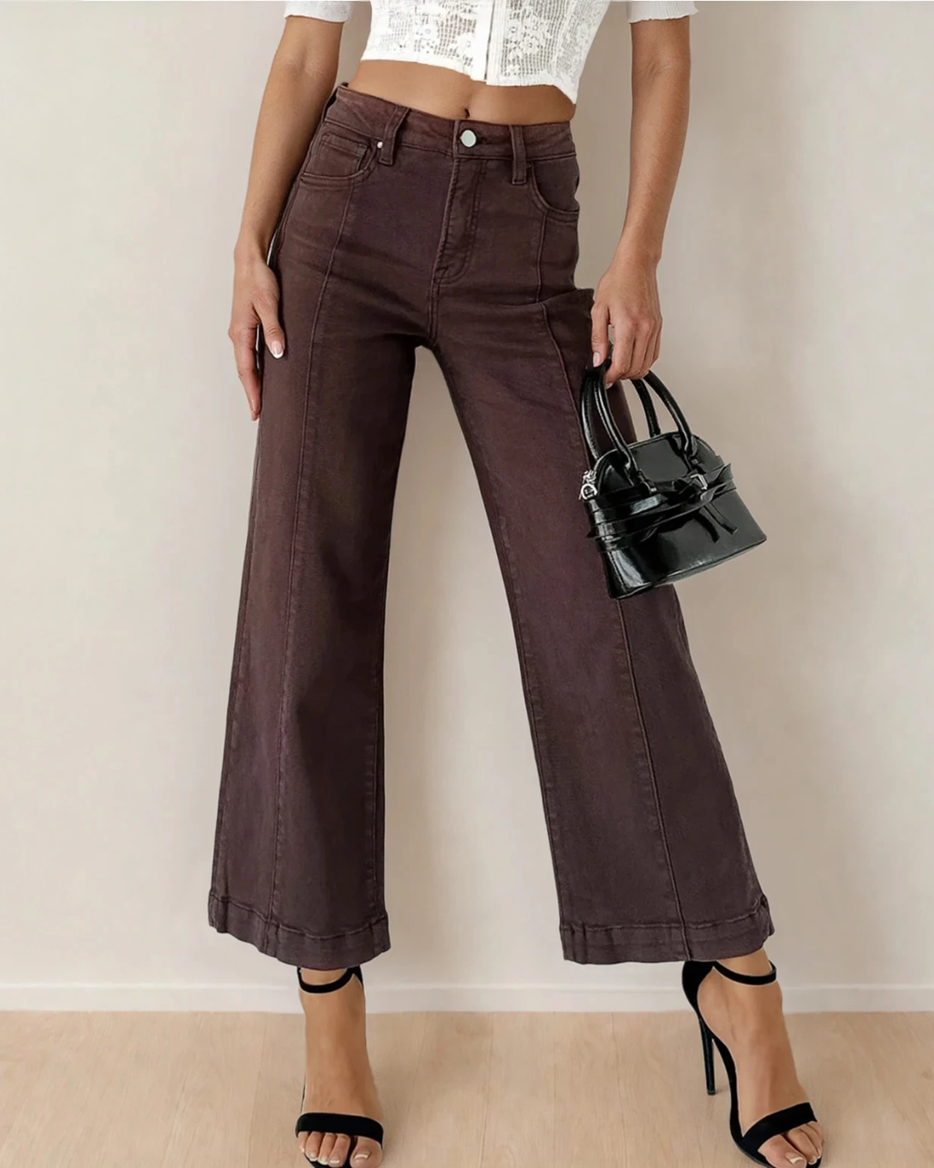 Elsie Solid Color Seamed Center Wide Leg Cropped Jeans - Red Sandalwood Indie & Co.