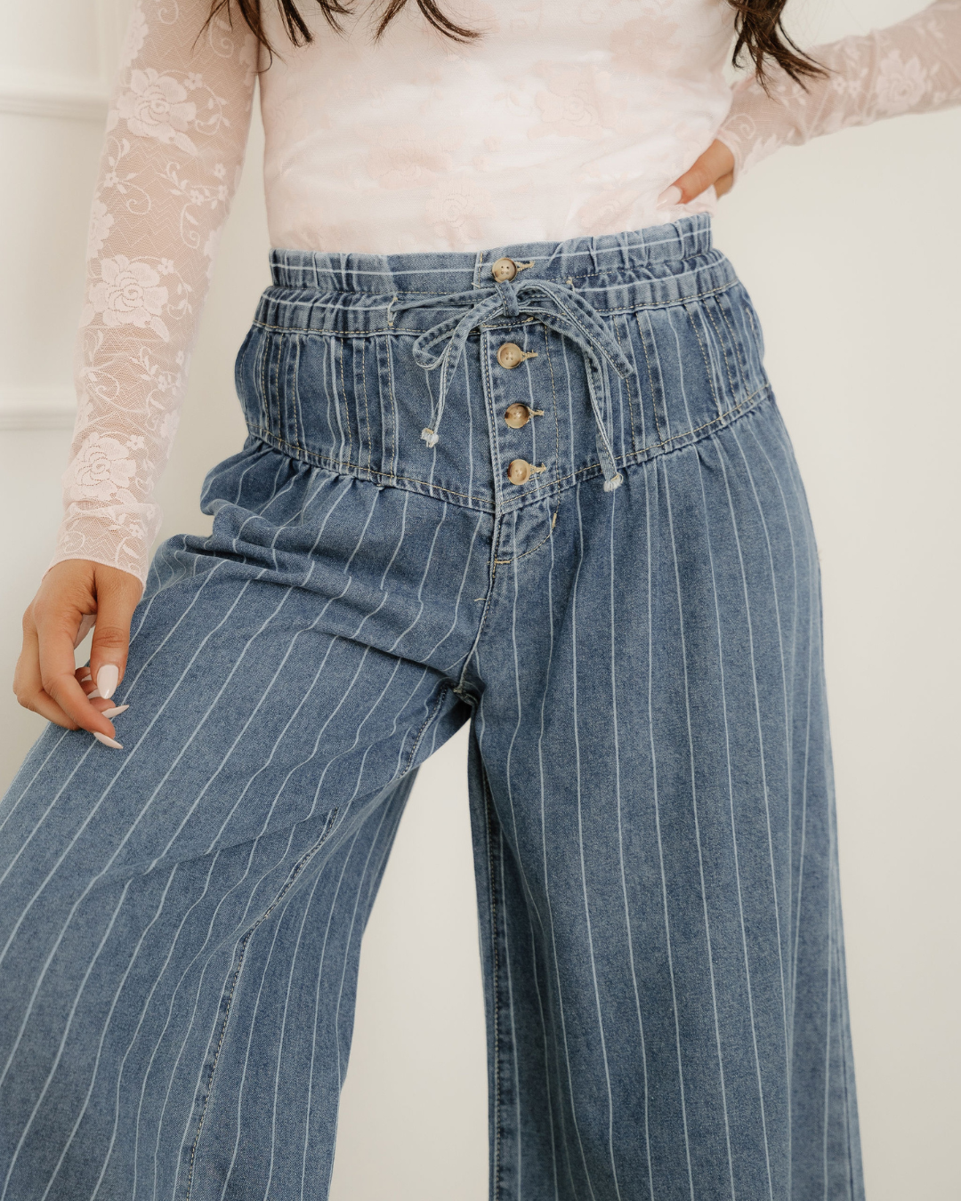 Cora Stripe Button Pleated Drawstring Waist Casual Wide Leg Jeans Indie & Co.