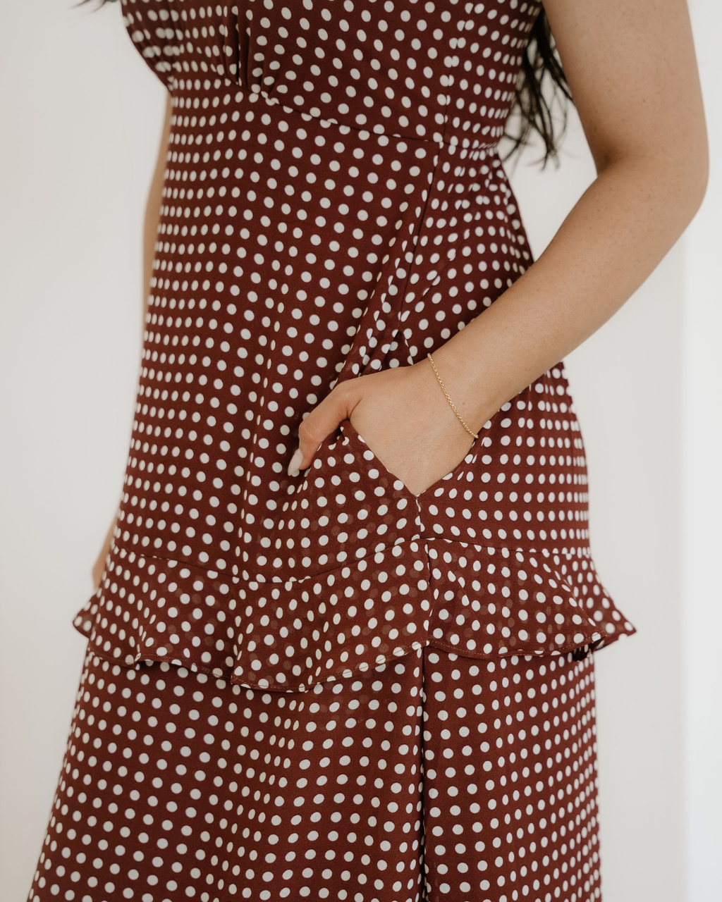 Irene Coffee Polka Dot Print Backless Ruffled Tiered Maxi Dress Indie & Co.