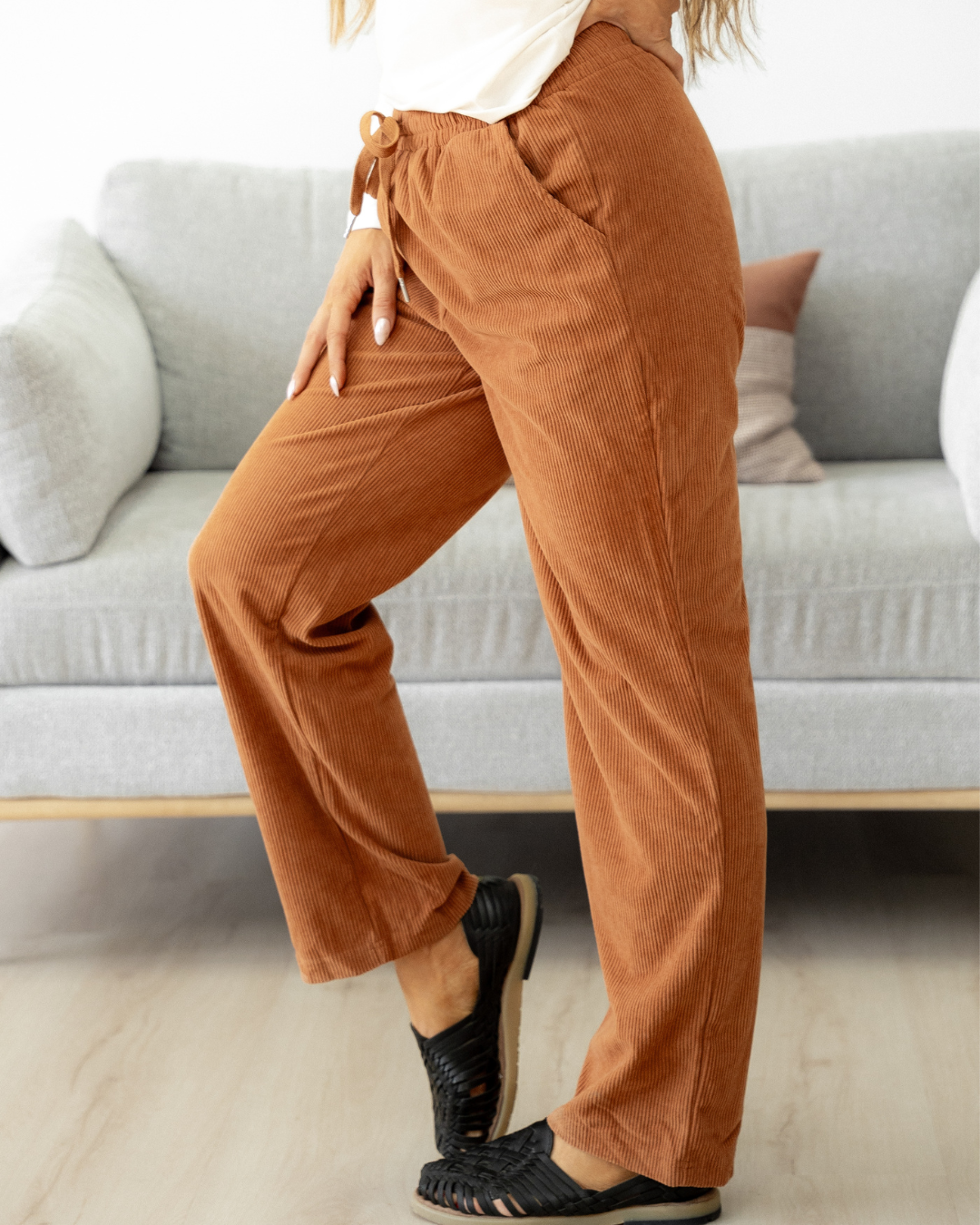 Eloise Drawstring Elastic Waist Casual Corduroy Pants - Chestnut Indie & Co.