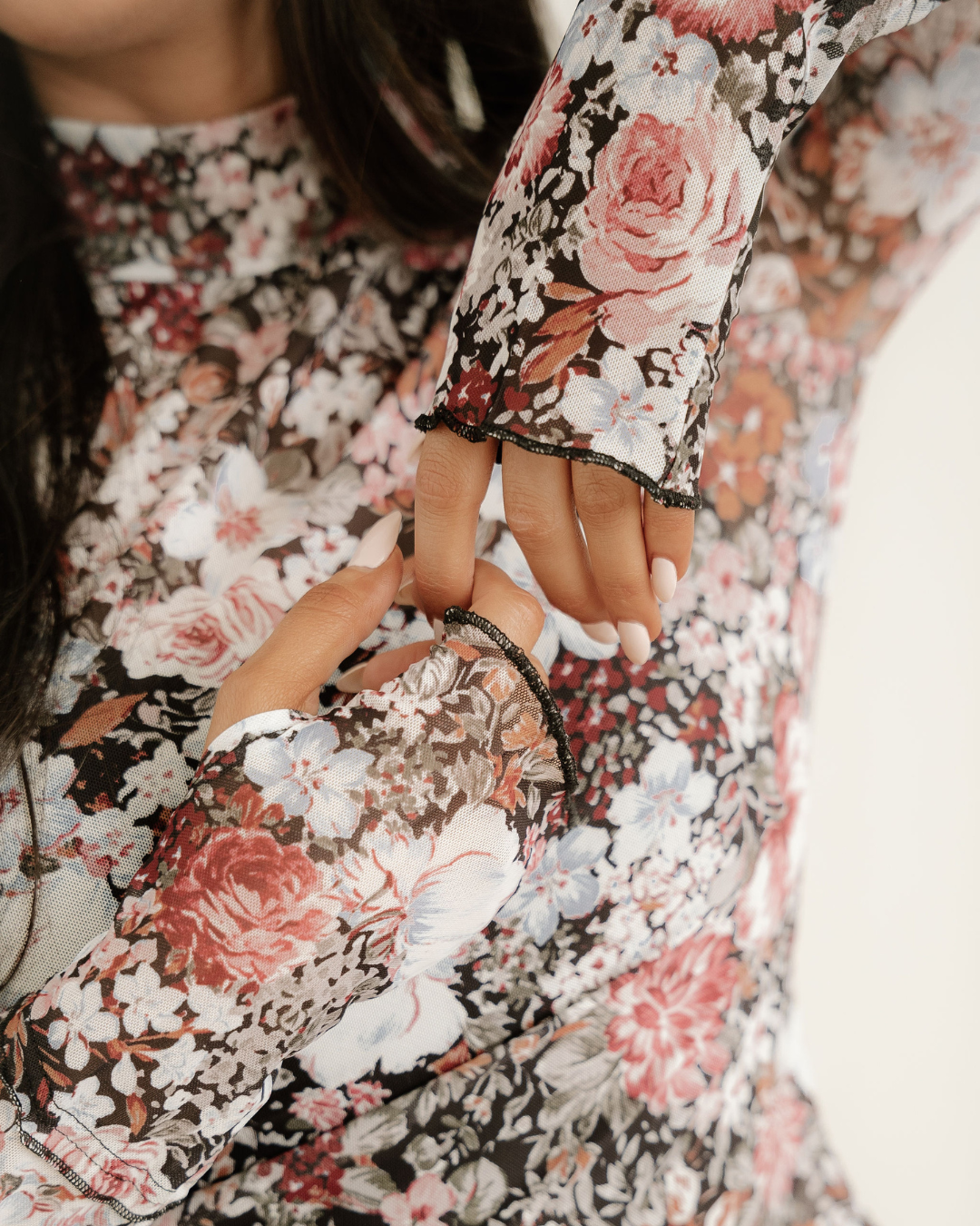 Raelynn Floral Print Mesh Mock Neck Slim Blouse - Brown Indie & Co.