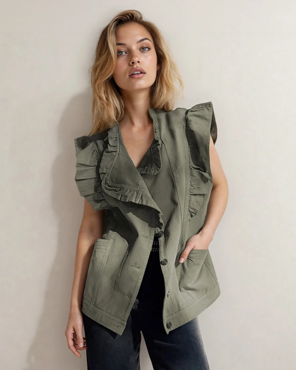 Margot Ruffle Plain Denim Jacket Vest - Green Indie & Co.