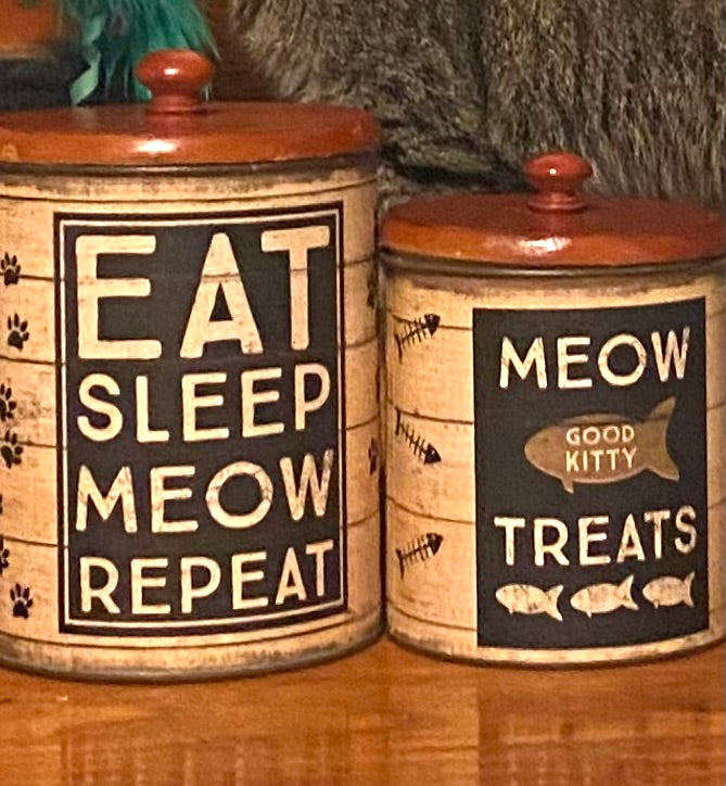 Eat Sleep Meow Repeat Cat Treat Canister Set – Rustic Farmhouse Pet Storage Decor Primitives by Kathy