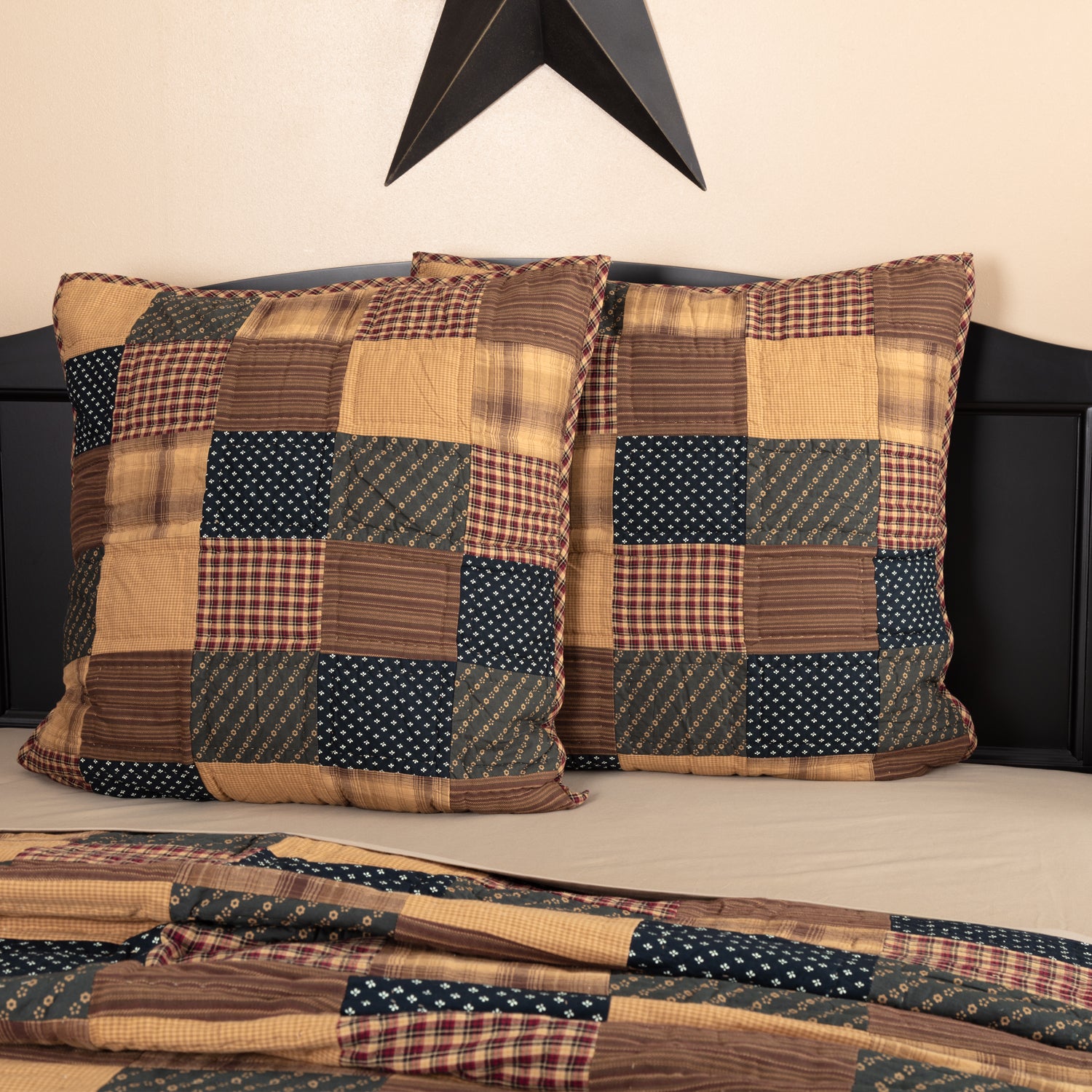 Patriotic Patch Quilted Euro Sham in navy, red, and khaki tan patchwork for the Americana Luxe collection