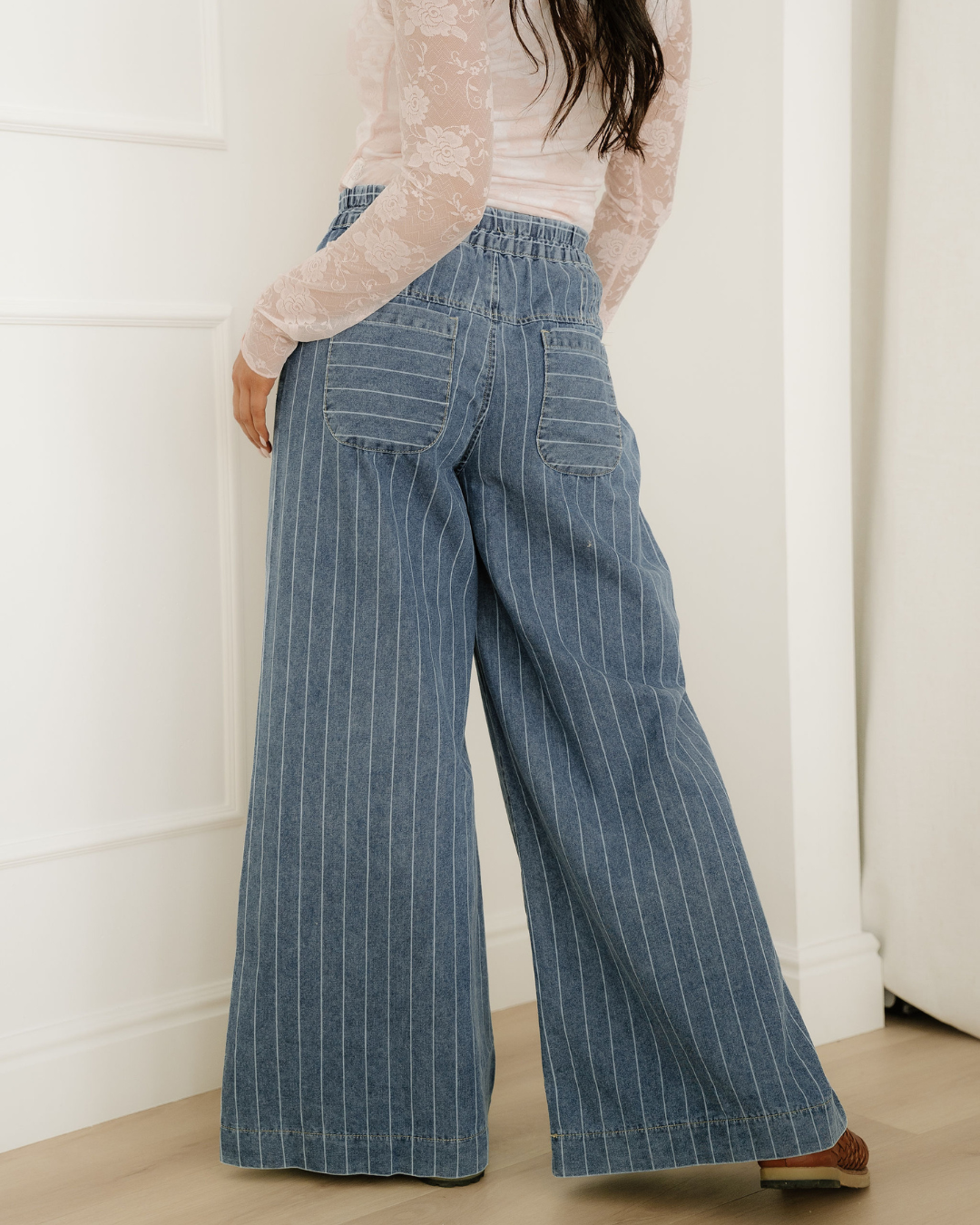 Cora Stripe Button Pleated Drawstring Waist Casual Wide Leg Jeans Indie & Co.