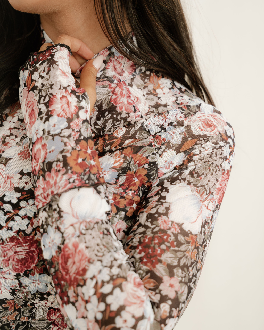 Raelynn Floral Print Mesh Mock Neck Slim Blouse - Brown Indie & Co.