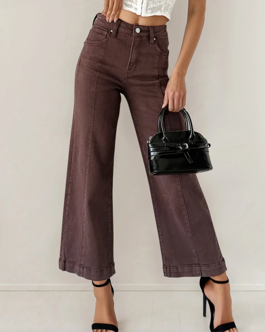 Elsie Solid Color Seamed Center Wide Leg Cropped Jeans - Red Sandalwood Indie & Co.