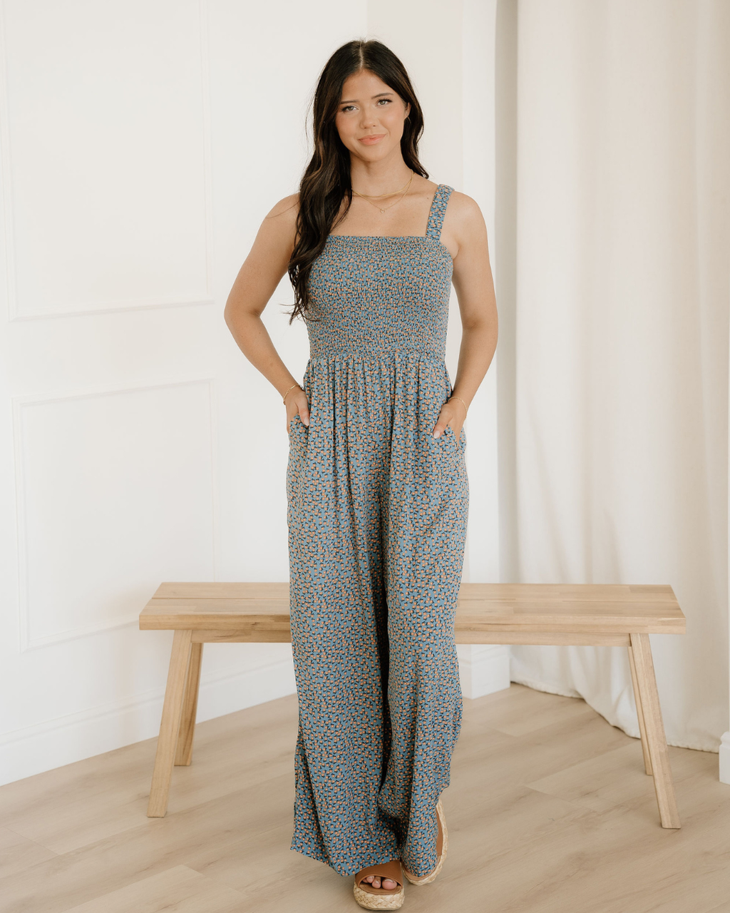 Angelica Square Neck Blue Floral High-Waist Jumpsuit